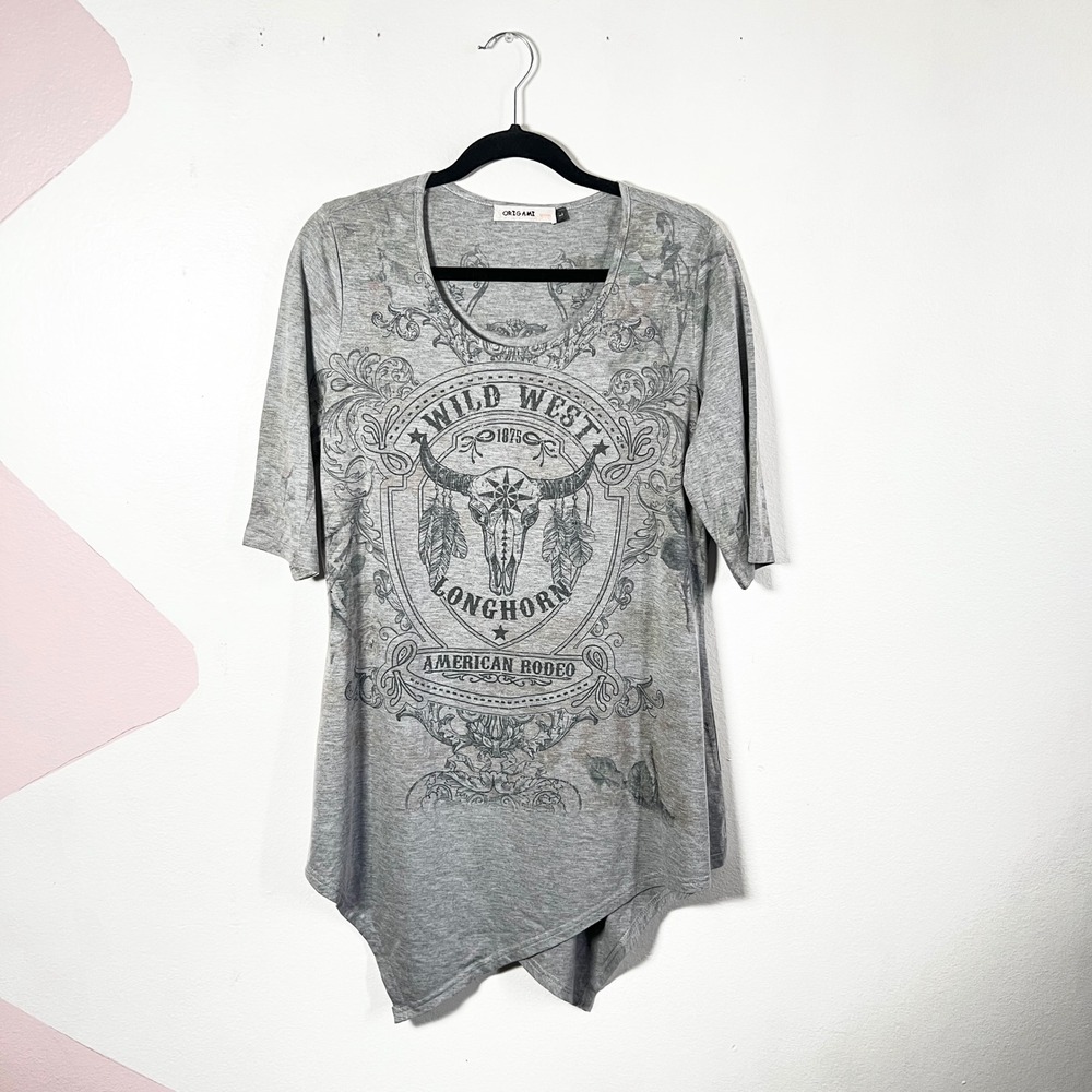 Origami by Vivien Womens Large Grey Wild West Longhorn Rodeo Graphic Tunic Top